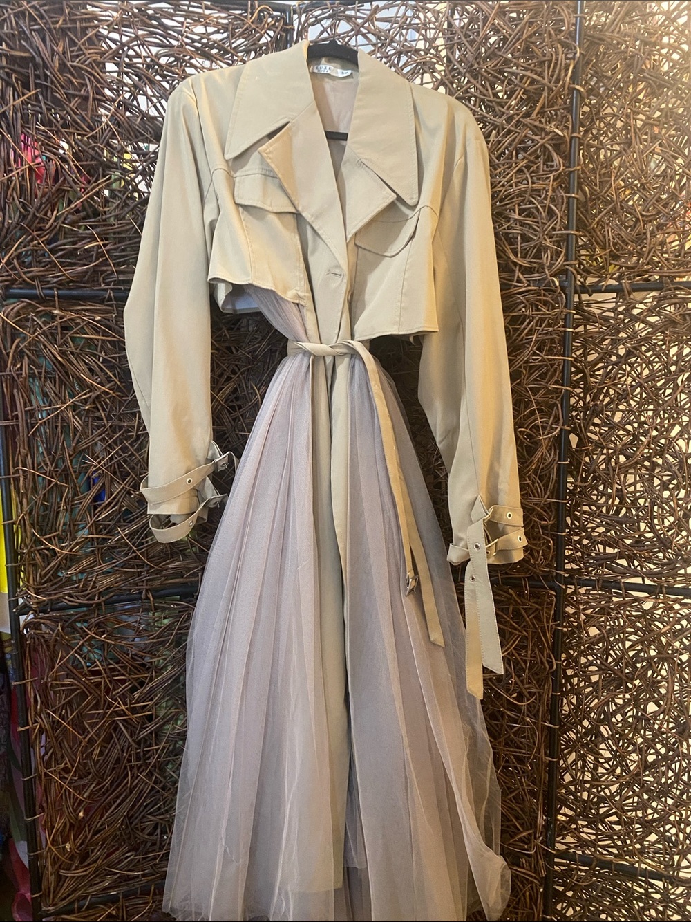 Beige Trench Coat with Tan Tulle Panels - Picture 2 of 3